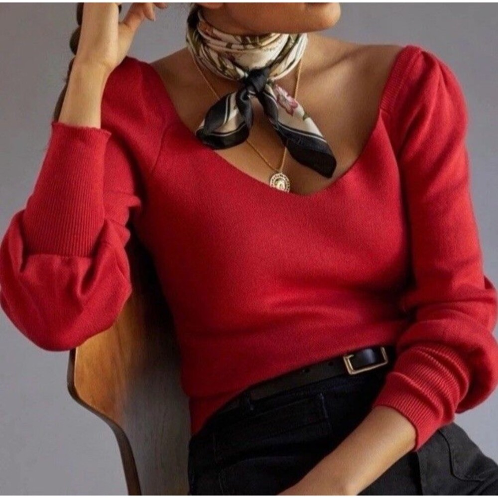 By Anthropologie Red Sweetheart Neckline Puff Sleeve Sweater Long Sleeve Knit S